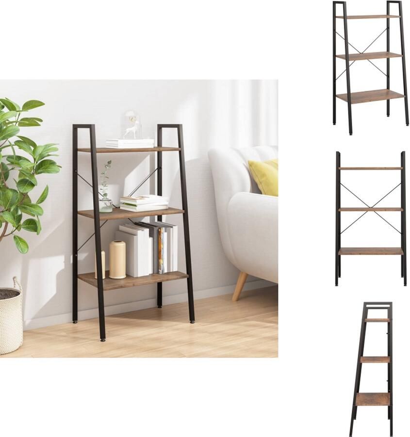 VidaXL Ladderrek Ladderrekken Boekenrek Boekenkast Opbergmeubel met 3 lagen 56x35x108 cm donkerbruin en zwart