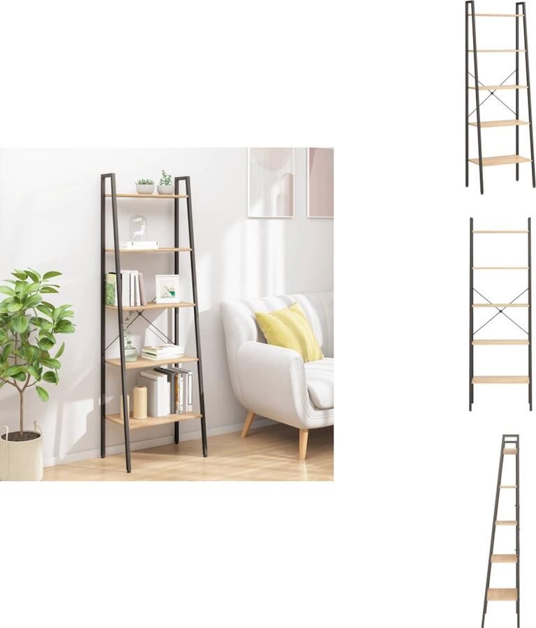 VidaXL Ladderrek Ladderrekken Boekenrek Boekenkast Opbergmeubel met 5 lagen 56x35x174 cm lichtbruin en zwart - Foto 2