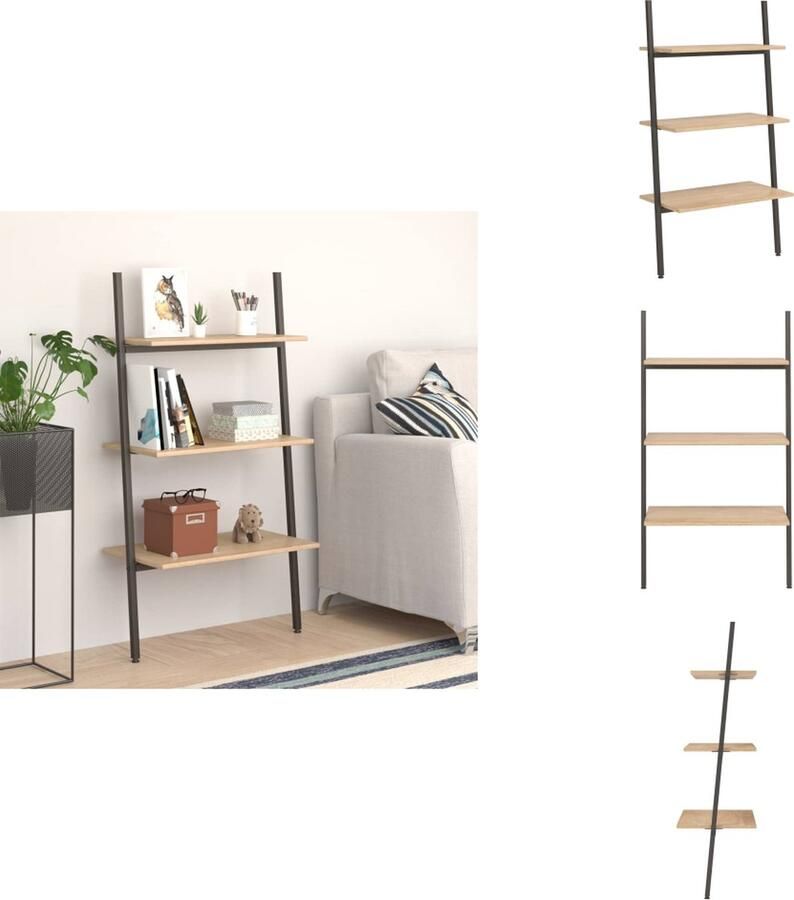VidaXL Ladderrek Ladderrrekken Boekenrek Boekenkast Ladderrek met 3 schappen 64x34x116 cm lichtbruin en zwart - Foto 2