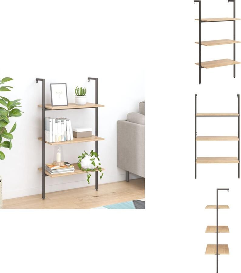 VidaXL Ladderrek Ladderrrekken Boekenrek Boekenkast Ladderrek met 3 schappen 64x35x120 5 cm lichtbruin en zwart - Foto 2