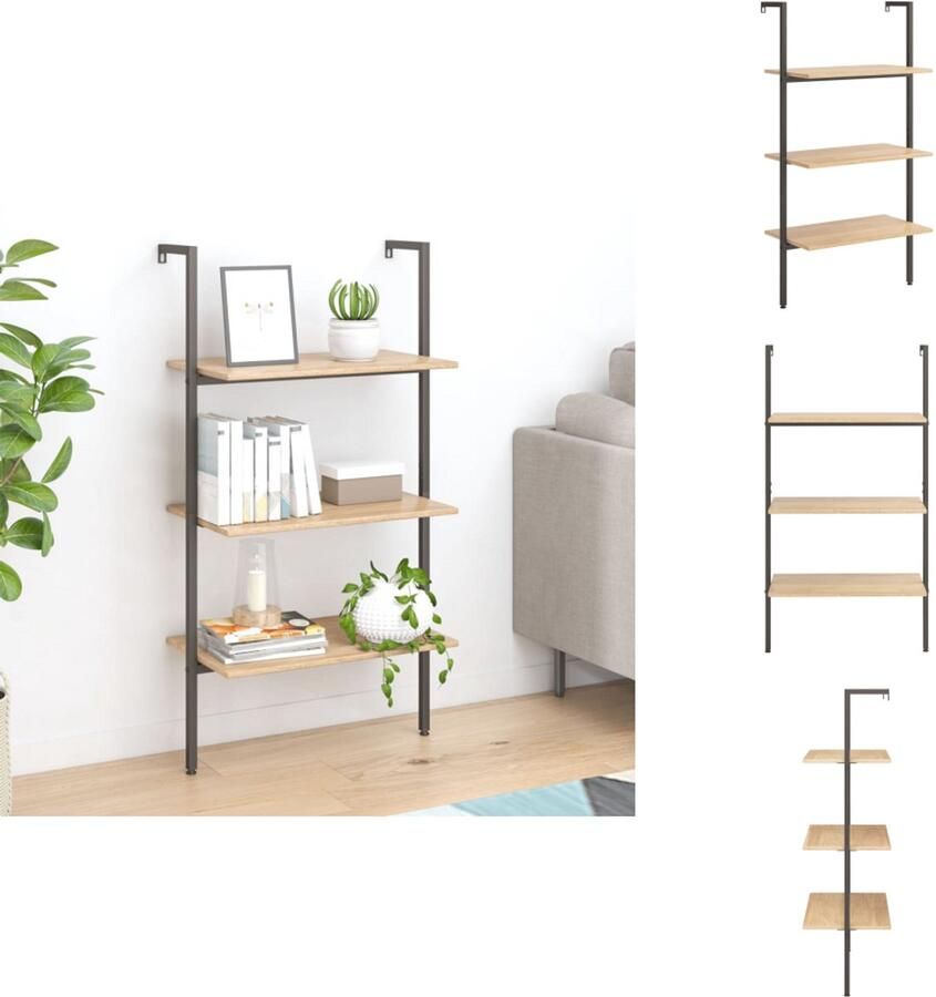 VidaXL Ladderrek Ladderrrekken Boekenrek Boekenkast Ladderrek met 3 schappen 64x35x120 5 cm lichtbruin en zwart