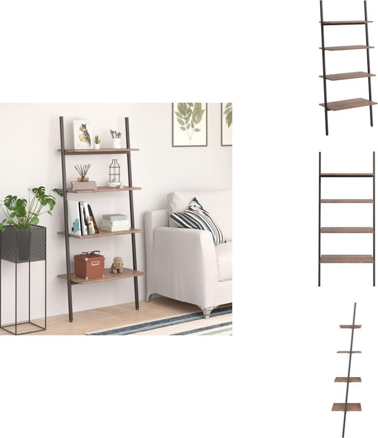 VidaXL Ladderrek Ladderrrekken Boekenrek Boekenkast Ladderrek met 4 schappen 64x34x150 5 cm donkerbruin en zwart