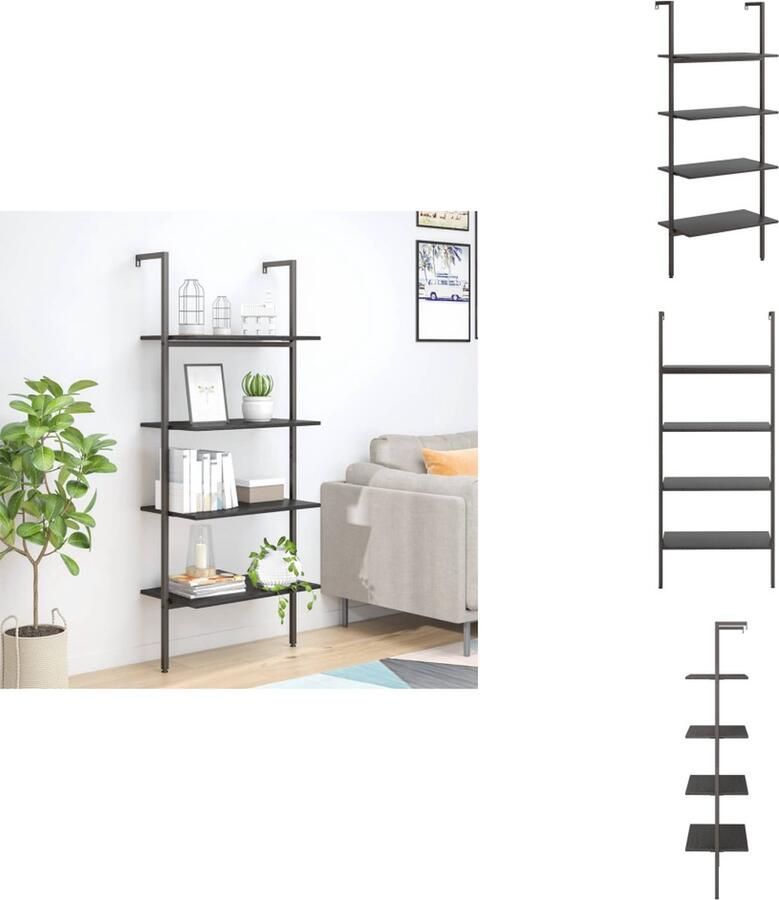VidaXL Ladderrek Ladderrrekken Boekenrek Boekenkast Ladderrek met 4 schappen 64x35x152 5 cm zwart - Foto 2