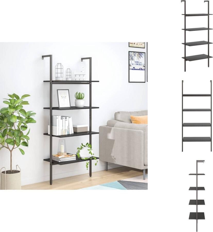 VidaXL Ladderrek Ladderrrekken Boekenrek Boekenkast Ladderrek met 4 schappen 64x35x152 5 cm zwart