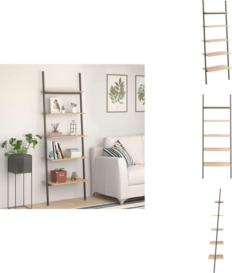 VidaXL Ladderrek Ladderrrekken Boekenrek Boekenkast Ladderrek met 5 schappen 64x34x185 5 cm lichtbruin en zwart - Foto 2