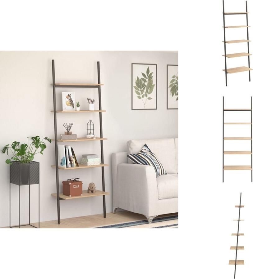 VidaXL Ladderrek Ladderrrekken Boekenrek Boekenkast Ladderrek met 5 schappen 64x34x185 5 cm lichtbruin en zwart