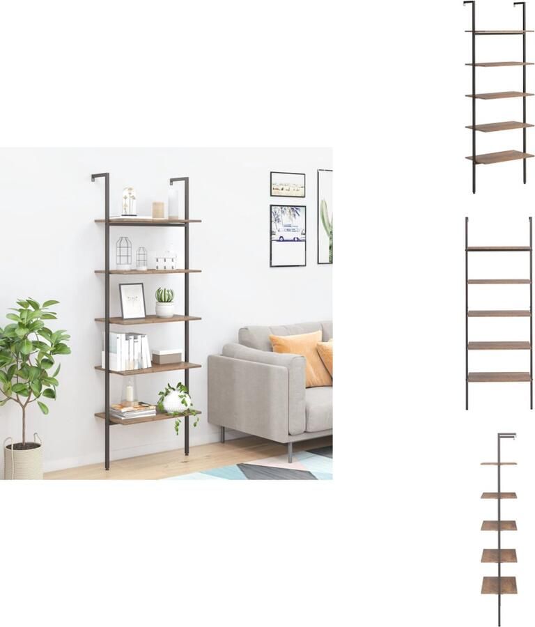 VidaXL Ladderrek Ladderrrekken Boekenrek Boekenkast Ladderrek met 5 schappen 64x35x185 cm donkerbruin en zwart - Foto 2