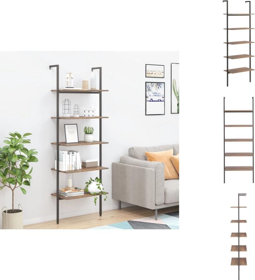 VidaXL Ladderrek Ladderrrekken Boekenrek Boekenkast Ladderrek met 5 schappen 64x35x185 cm donkerbruin en zwart