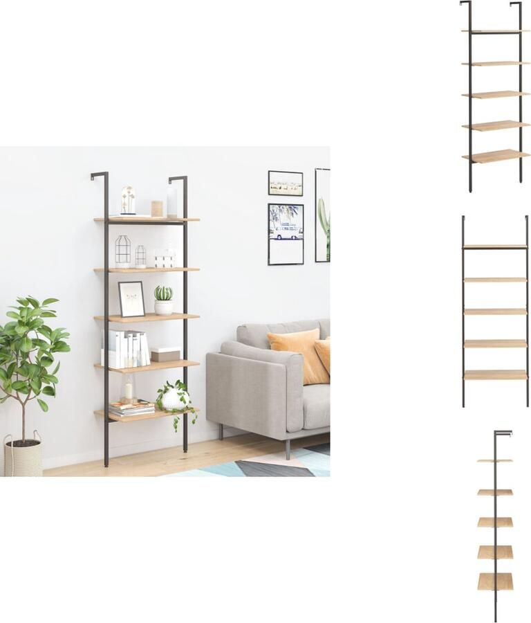 VidaXL Ladderrek Ladderrrekken Boekenrek Boekenkast Ladderrek met 5 schappen 64x35x185 cm lichtbruin en zwart
