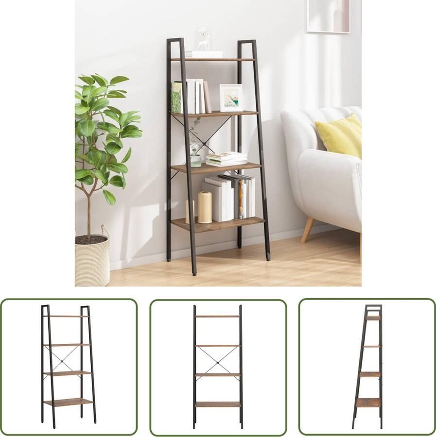 The Living Store Opbergrek 4 schappen 56 x 35 x 140 cm Stalen frame Donkerbruin en zwart Opbergsysteem Ladderrek Boekenplank Kast Interieurdecoratie - Foto 2