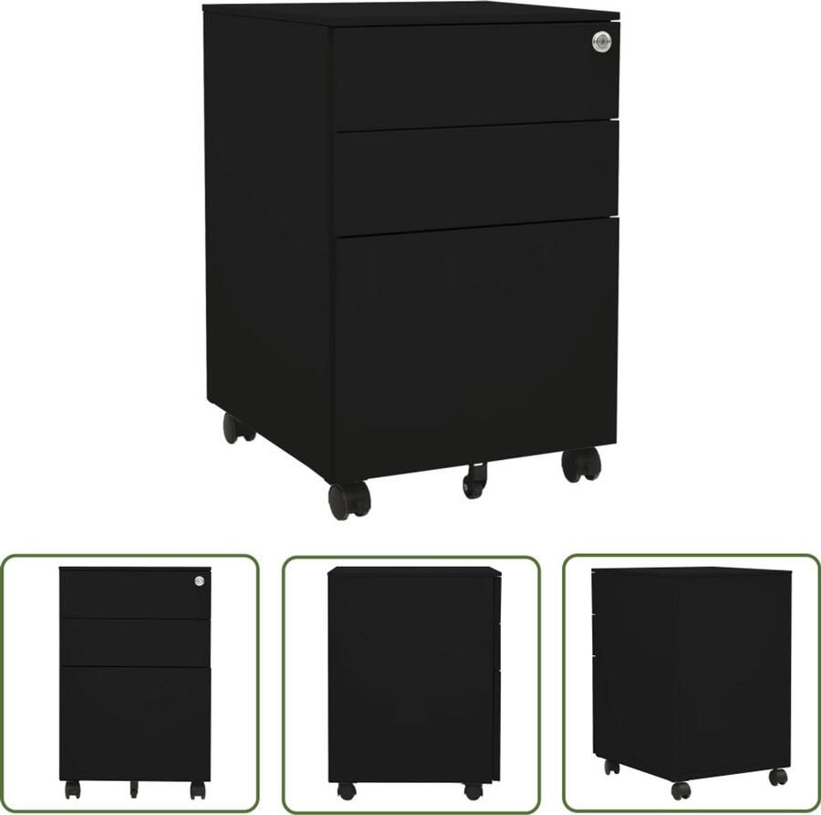 VidaXL Ladeblok Verrijdbaar Zwart Staal 3 Lades Archief Kast Ladeblok Metalen Ladenkast Bureauspullen Kantooraccessoires Zwarte Ladeunit
