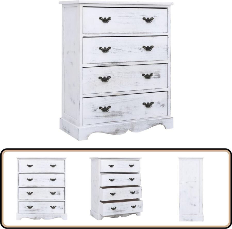 VidaXL Ladekast Wit Hout 4 lades 60x30x75 cm Ladekast Dressoir Opbergmeubel Houten Kast Witte Kast