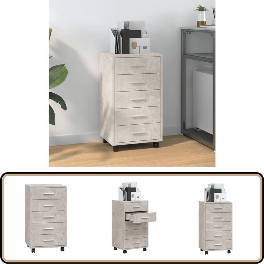 VidaXL Ladekast Betongrijs Bewerkt Hout Met Wieltjes Ladeblokken Ladenkast Opslagmeubilair Bureaublad Accessoires Houten Meubels Grijze Meubels Compact Meubilair
