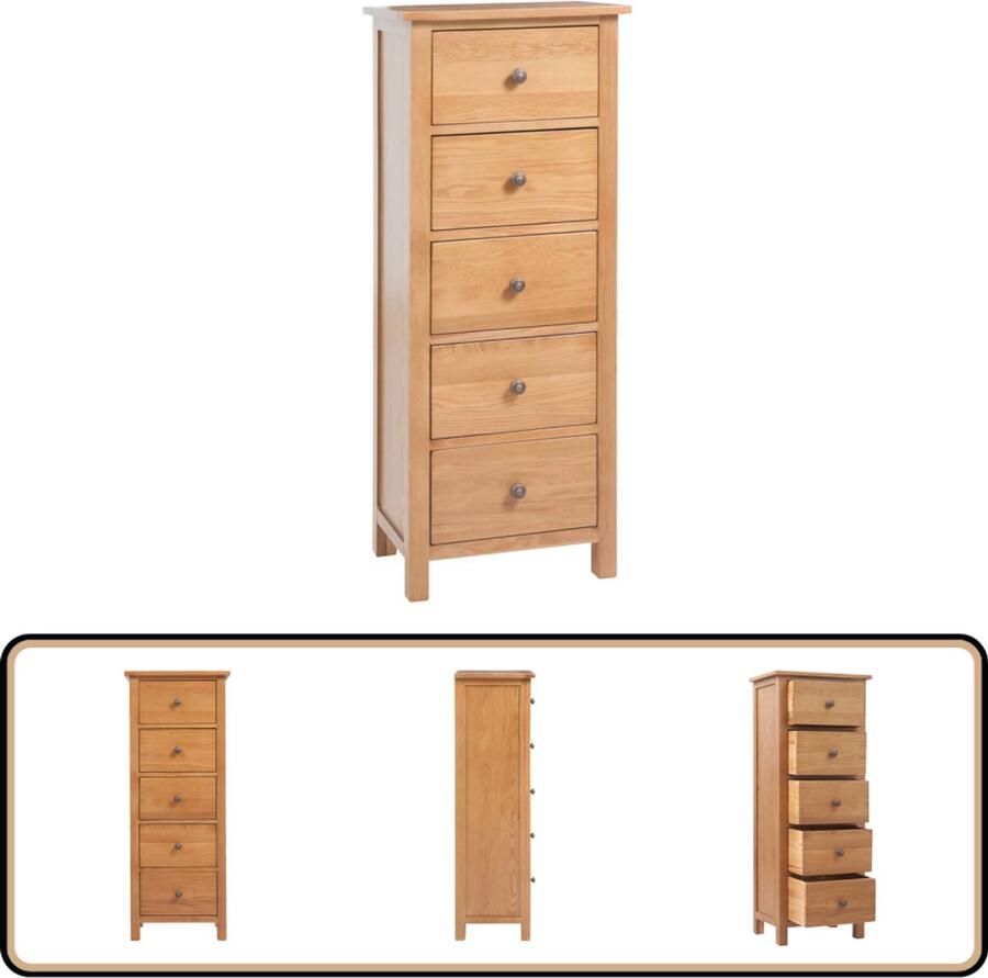 VidaXL Ladekast Hoog 5 Lades Massief Eikenhout Hoge Ladekast Eikenhouten Ladekast Met Lade(n) Opslagmeubel Woonkamer Meubel