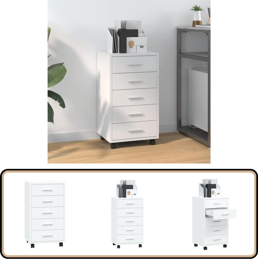 VidaXL Ladekast Hoogglans Wit 4 Wielen 33x38x63 cm Ladeblokken Opbergkasten Kantoormeubilair Bureaustoel Thuiskantoor