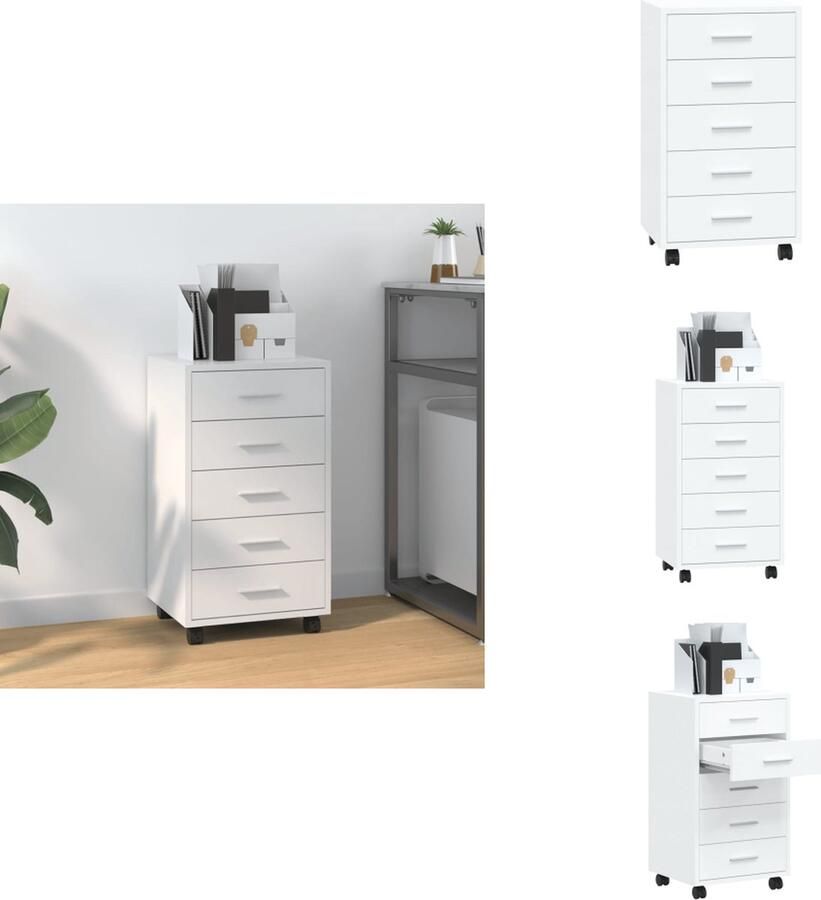 VidaXL Ladekast Ladekasten Ladekastje Kastje Ladekast met wieltjes bewerkt hout hoogglans wit - Foto 2