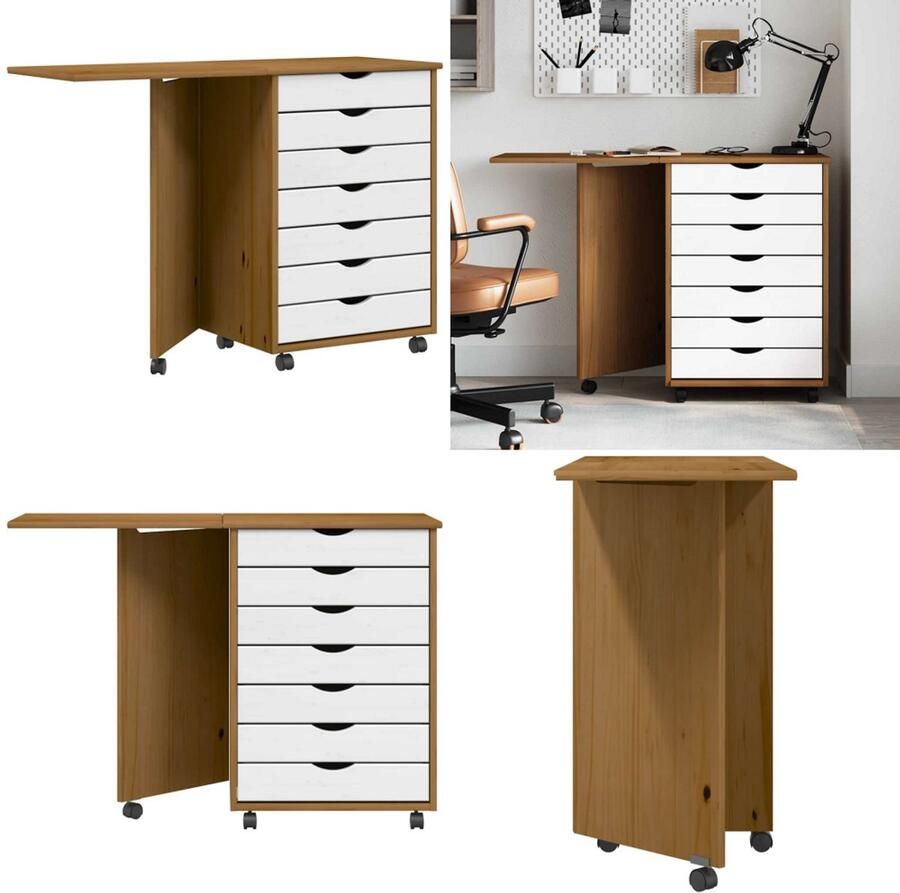 VidaXL Ladekast met bureau MOSS verrijdbaar massief grenen honingbruin Rolkast Rollende Kasten Ladekast Archiefkast - Foto 2