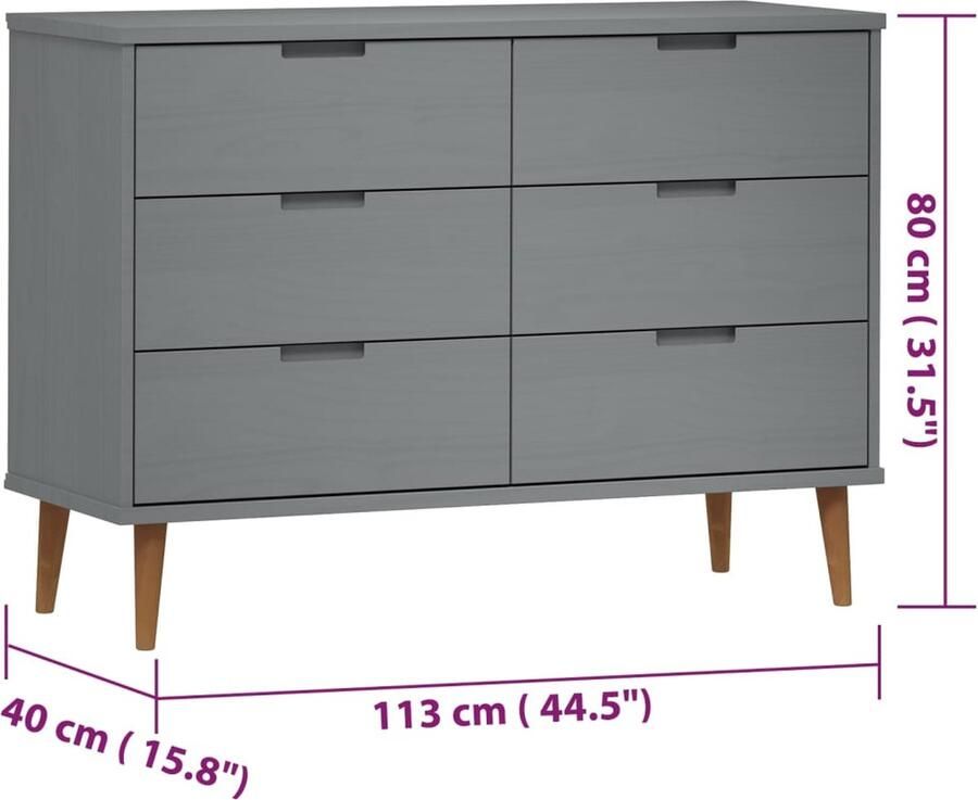 VidaXL Ladekast MOLDE 113x40x80 cm massief grenenhout grijs - Foto 3
