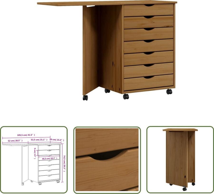 The Living Store MOSS Verrijdbare kast met bureaublad 105.5 x 39 x 74.5 cm Honingbruin Massief grenenhout Verrijdbare Kast Opbergkast Bureaus Houten Meubels Grenenhouten Kast - Foto 3