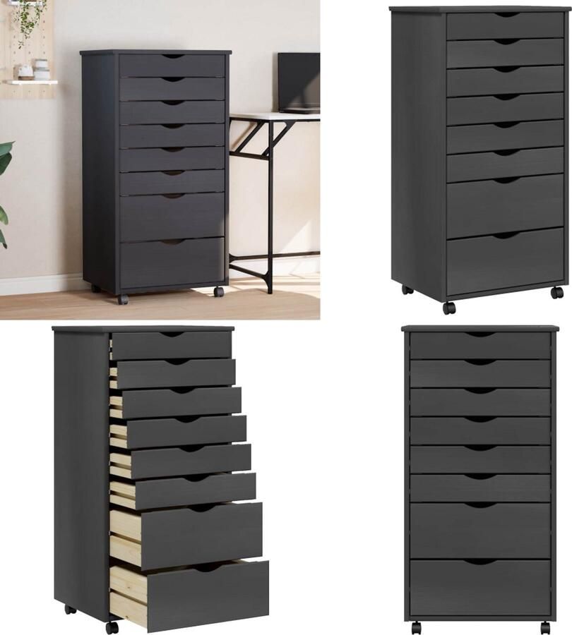 VidaXL Ladekast MOSS verrijdbaar massief grenenhout grijs Bureaukast Bureaukasten Ladekast Ladenkast