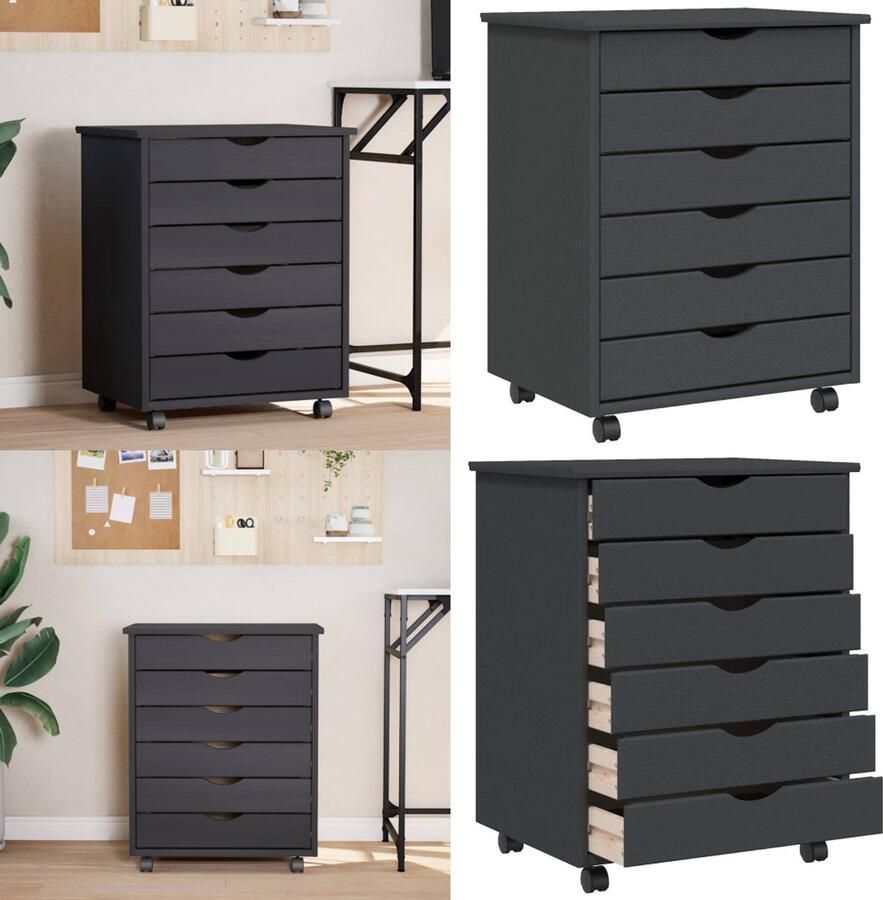 VidaXL Ladekast MOSS verrijdbaar massief grenenhout grijs Bureaukast Bureaukasten Ladekast Ladenkast