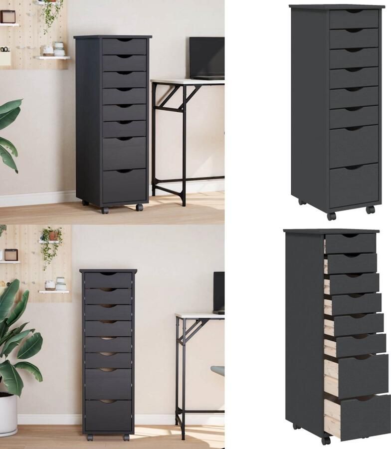 VidaXL Ladekast MOSS verrijdbaar massief grenenhout grijs Bureaukast Bureaukasten Ladekast Ladenkast