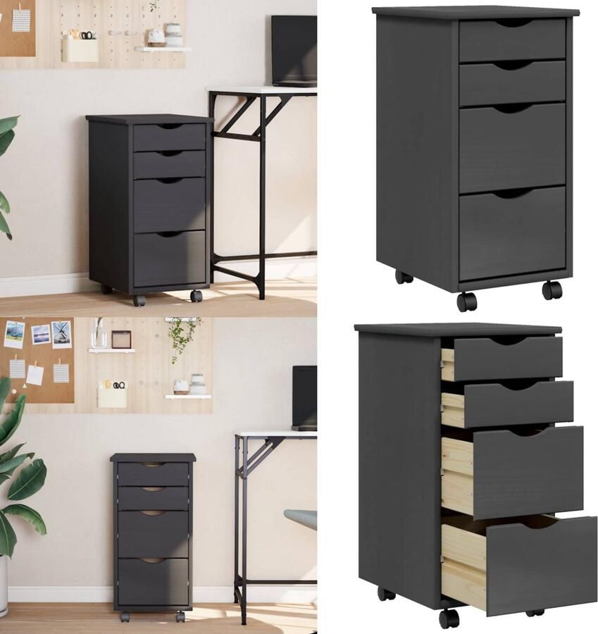 VidaXL Ladekast MOSS verrijdbaar massief grenenhout grijs Bureaukast Bureaukasten Ladekast Ladenkast