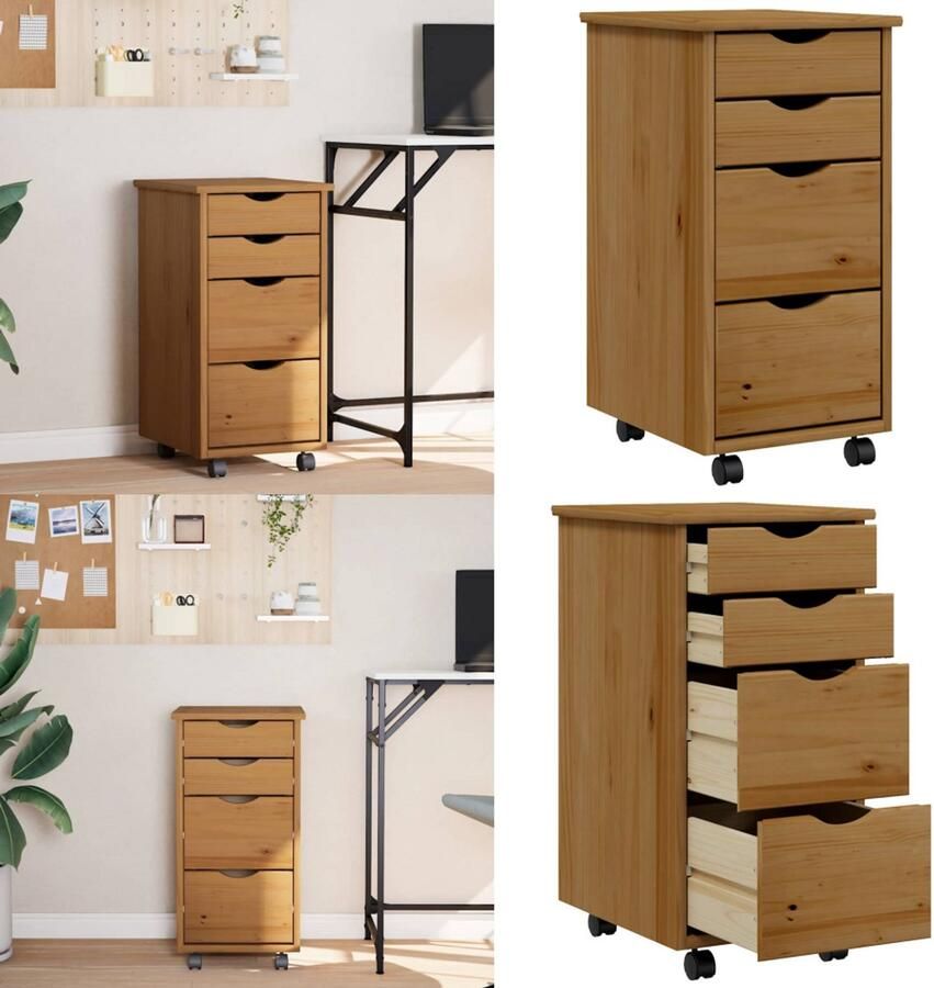 VidaXL Ladekast MOSS verrijdbaar massief grenenhout honingbruin Bureaukast Bureaukasten Ladekast Ladenkast