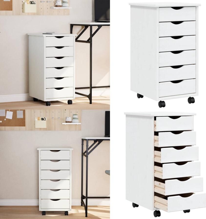 VidaXL Ladekast MOSS verrijdbaar massief grenenhout wit Bureaukast Bureaukasten Ladekast Ladenkast