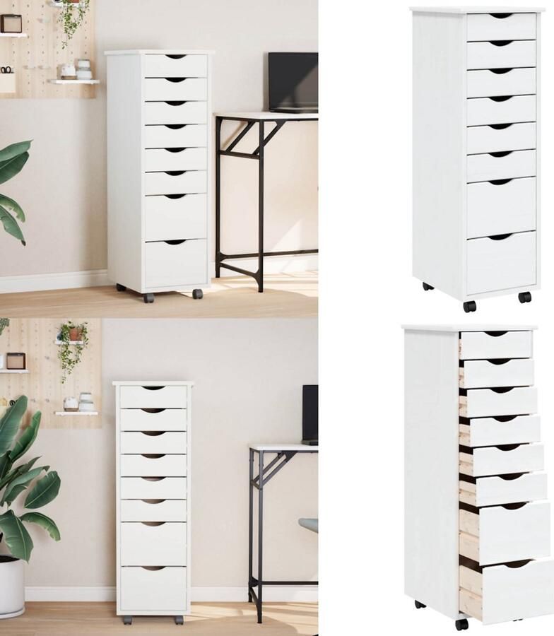 VidaXL Ladekast MOSS verrijdbaar massief grenenhout wit Bureaukast Bureaukasten Ladekast Ladenkast