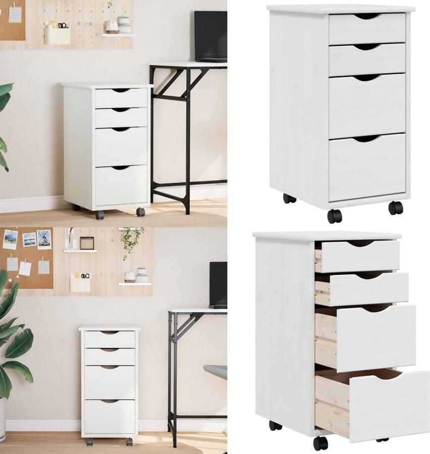 VidaXL Ladekast MOSS verrijdbaar massief grenenhout wit Bureaukast Bureaukasten Ladekast Ladenkast