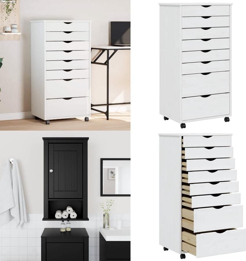 VidaXL Ladekast MOSS verrijdbaar massief grenenhout wit Bureaukast Bureaukasten Ladekast Ladenkast