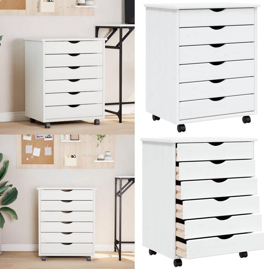 VidaXL Ladekast MOSS verrijdbaar massief grenenhout wit Bureaukast Bureaukasten Ladekast Ladenkast