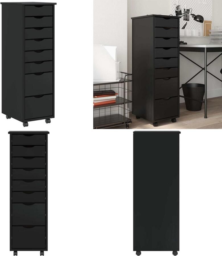 VidaXL Ladekast MOSS verrijdbaar massief grenenhout zwart Bureaukast Bureaukasten Ladekast Ladenkast