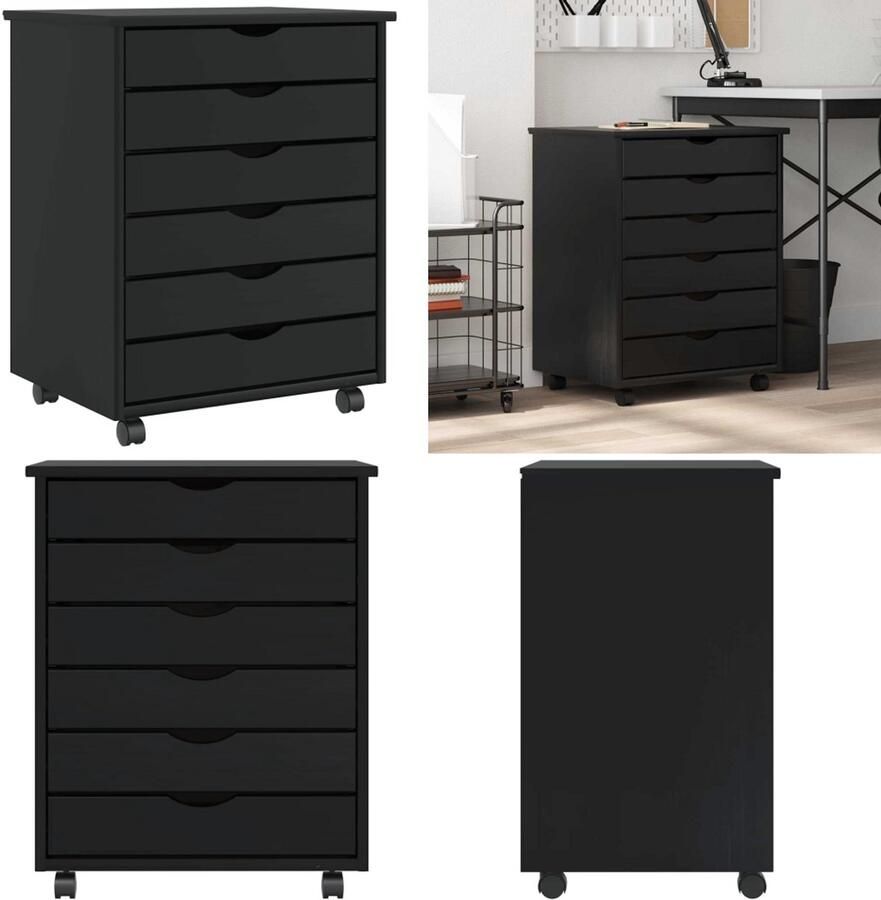 VidaXL Ladekast MOSS verrijdbaar massief grenenhout zwart Bureaukast Bureaukasten Ladekast Ladenkast