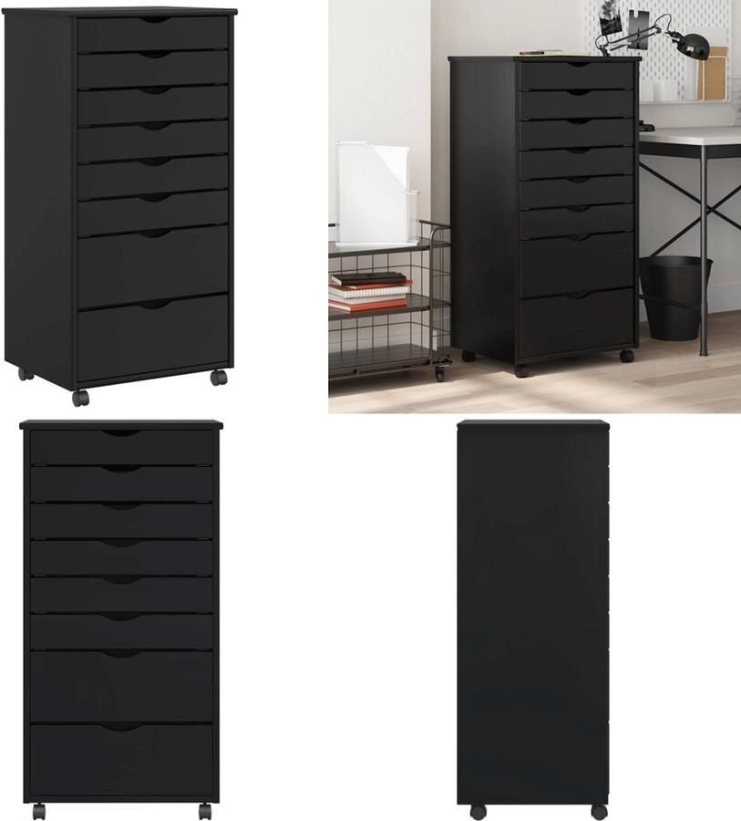 VidaXL Ladekast MOSS verrijdbaar massief grenenhout zwart Bureaukast Bureaukasten Ladekast Ladenkast