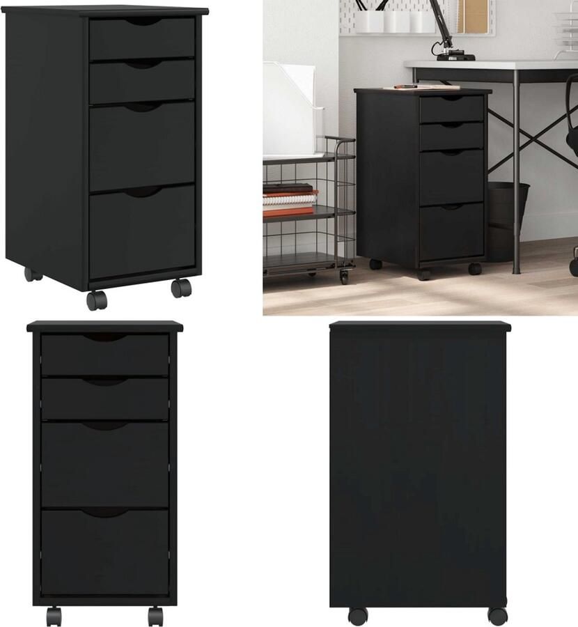 VidaXL Ladekast MOSS verrijdbaar massief grenenhout zwart Bureaukast Bureaukasten Ladekast Ladenkast