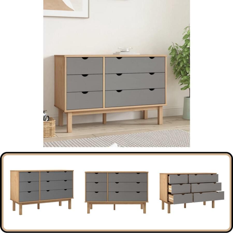 VidaXL Ladekast OTTA Grenenhout Bruin en Grijs Ladekast Scandinavisch Design Grenenhout Bruine Ladekast Grijze Ladekast