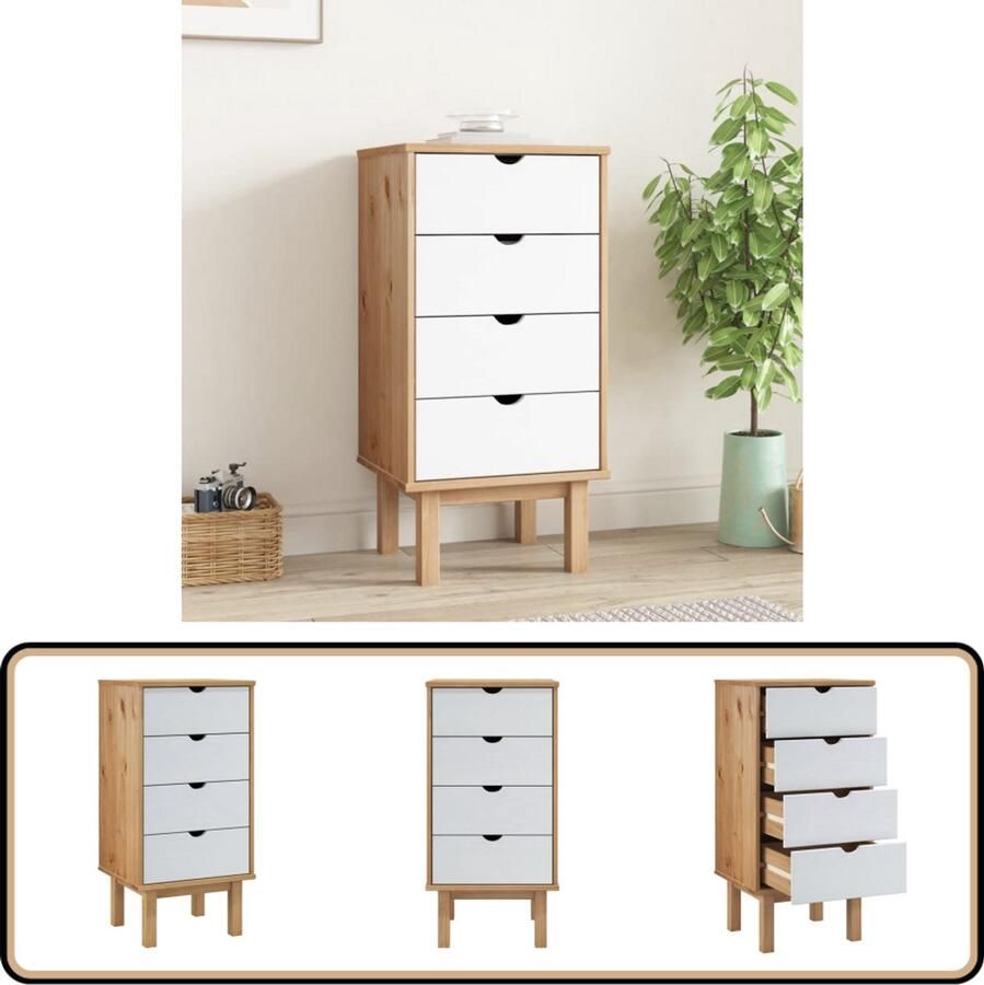 VidaXL Ladekast OTTA 45x39x90 cm Hout Bruin Wit Ladekast Houten Ladekast Scandinavisch Design Grenenhouten Meubel Opbergkast