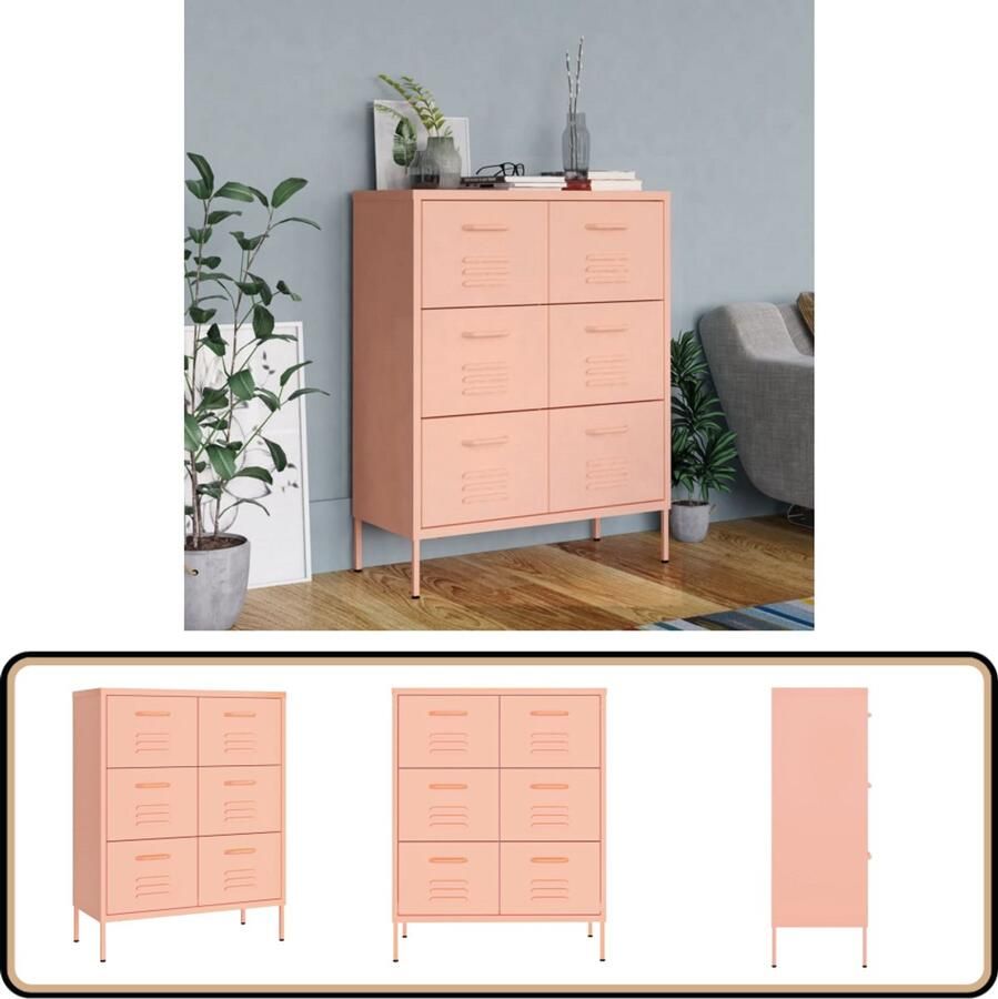 VidaXL Ladekast Roze 80x35x101 5 cm Staal Ladekast Opbergkast Rozenkleurige Kast Metalen Kast Staalkast Kastelement Livingroom Furniture Slaapkamermeubilair