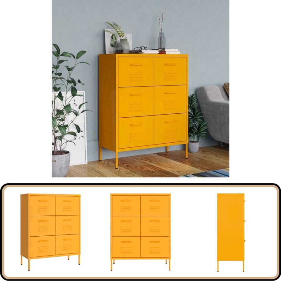 The Living Store Ladekast Mosterdgeel Staal 80 x 35 x 101.5 cm 6 Lades Ladekast Opbergkast Staalkast Mustard Yellow Furniture Geel Meubel - Foto 2