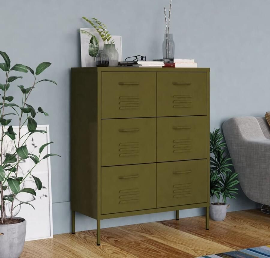 VidaXL Ladekast Staal Olijfgroen 6 Lades Ladekast Opbergkast Opslagkast Staal Kast Groene Kast VIDA XL - Foto 2