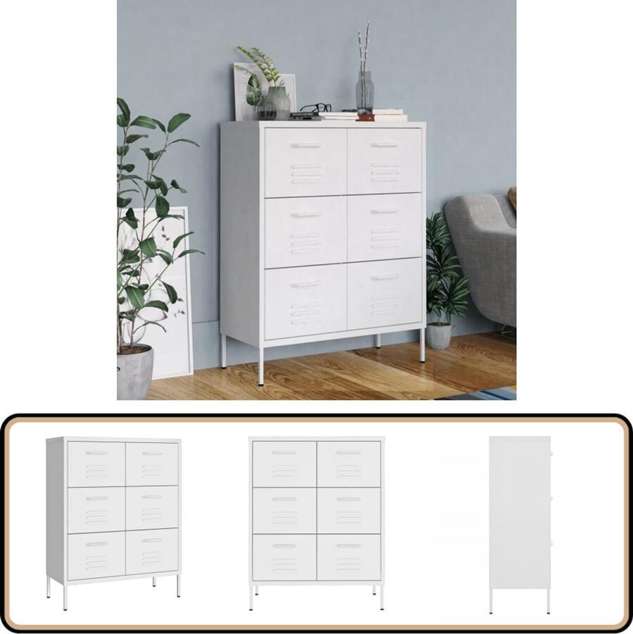 VidaXL Ladekast Staal Wit 6 Lades 80x35x101 5 cm Ladekast Opbergkast Opslagkast Staalkast Witte Kast Woonaccessoires Organisatie Bergruimte