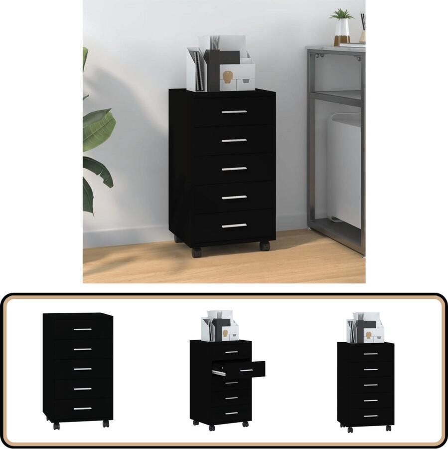 VidaXL Ladekast Zwart Bewerkt hout Met wieltjes Ladeblokken Opbergkasten Kantoormeubilair Bureaublad Accessoires Zwarte Meubels