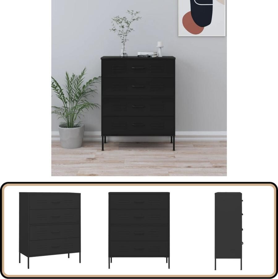 VidaXL Ladekast Zwart Staal 80x35x101 5 cm Ladekast Bijzettafel Staal Zwart Industriële Stijl