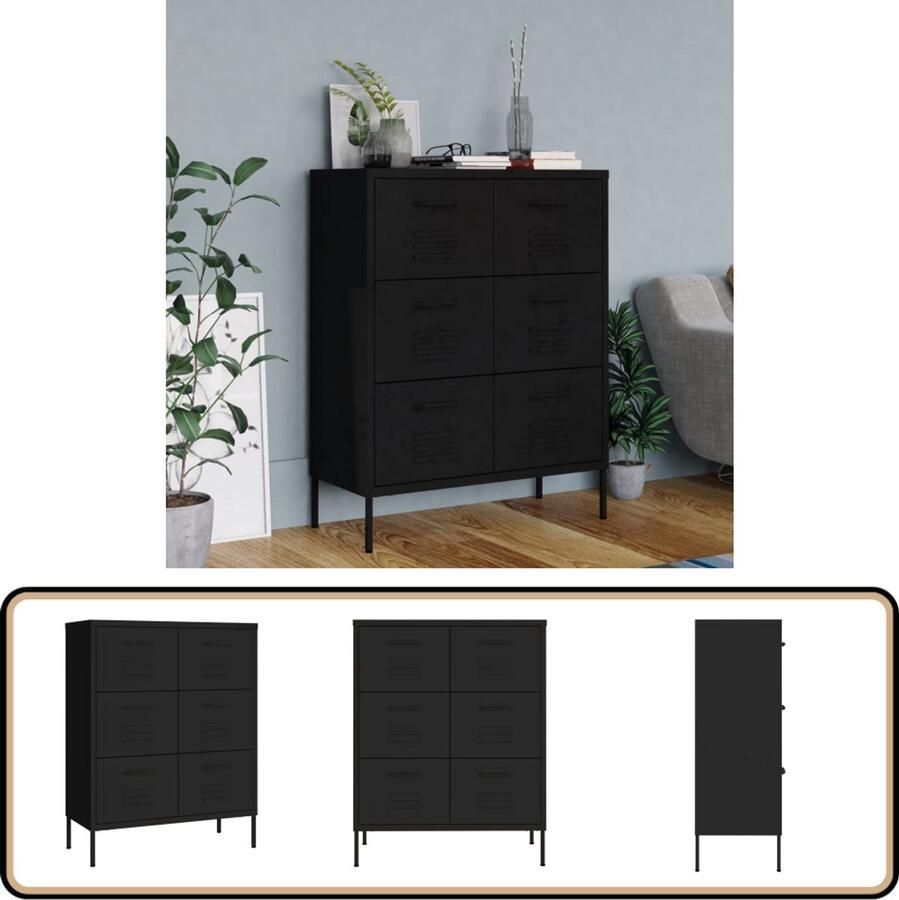 VidaXL Ladekast Zwart Staal 80x35x101 5 cm Ladekast Opbergkast Metalen Kast Zwarte Kast Industriele Stijl Staalkast