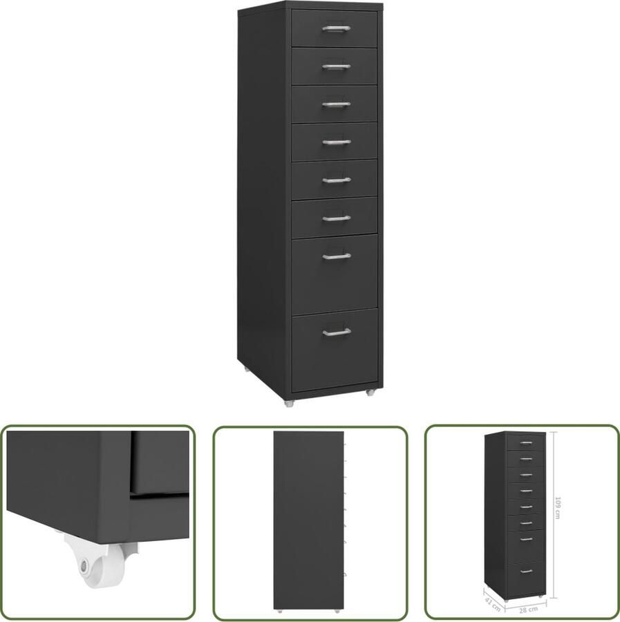 The Living Store Ladeblok verrijdbaar 28x41x109 cm metaal antracietkleurig Archiefkaartje Ladenkast Opslaglade Kantooraccessoires Administratieve Materialen - Foto 2