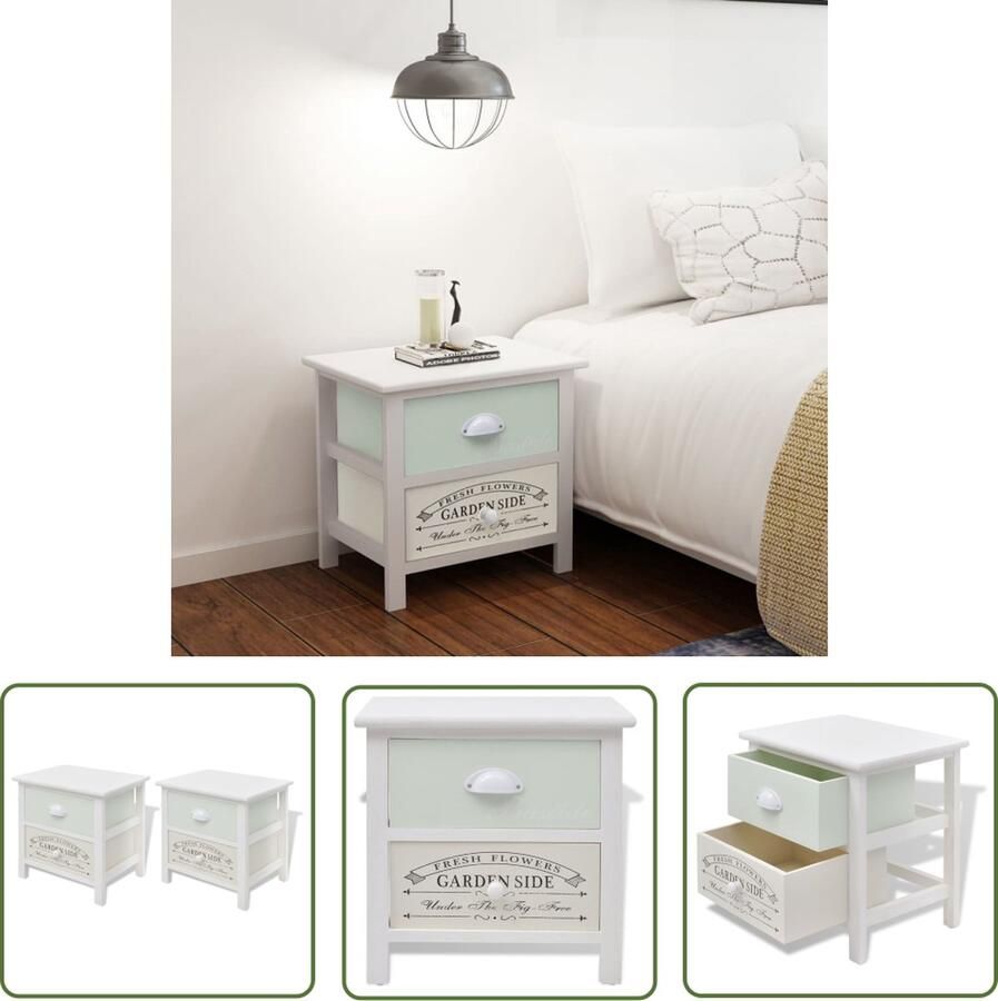 The Living Store Nachtkastjes Franse landelijke stijl 38 x 28 x 38 cm 2 lades Nachtkastjes Landelijk Wonen Frans Design Wit Meubel Paulownia Hout - Foto 2