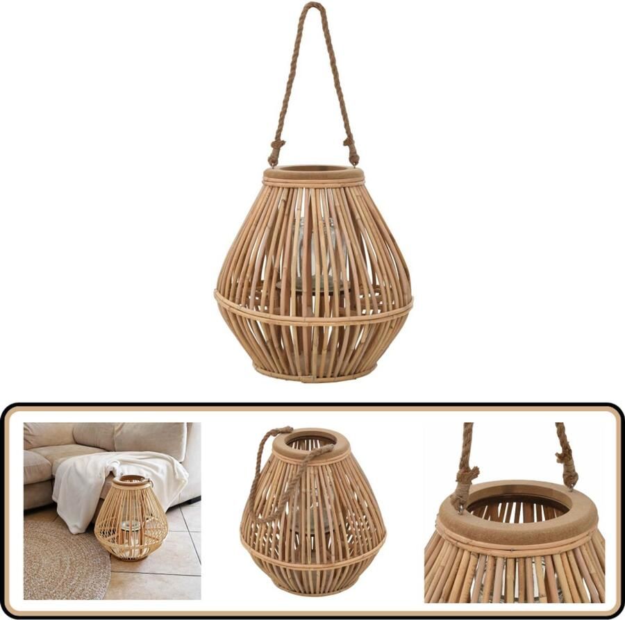 VidaXL Lantaarnhouder Wicker Naturel 38x40 cm Rieten Hanglamp Kaarsenhouder Hangende Lamp Outdoor Decor Tuindecor