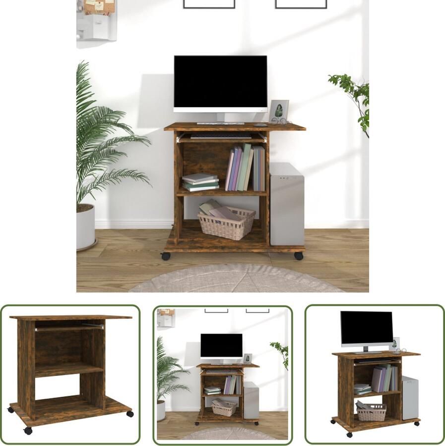 The Living Store Computerbureau Compact Gerookt eiken 80x50x75 cm Inclusief toetsenbordlade en wieltjes Computerbureau Laptop Bureau Houten Bureau Bruine Bureau Compact Bureau - Foto 2